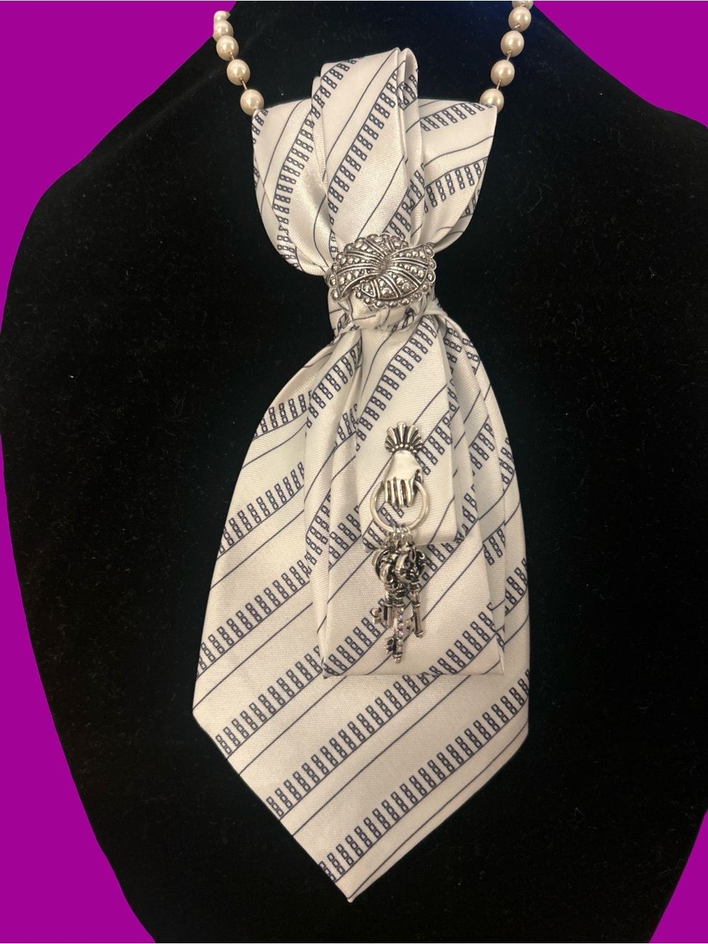 Black ans White Striped Neckerchief with Silver Charm Detail